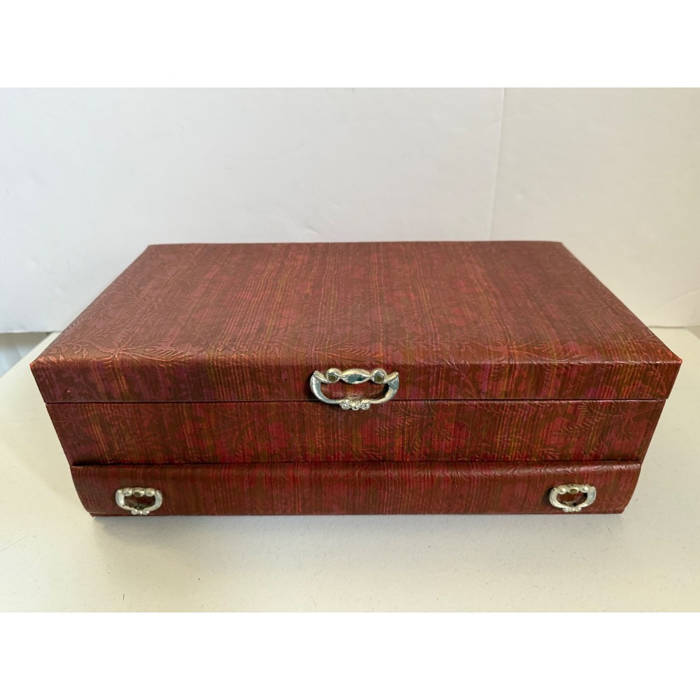 Vintage Lady Buxton Jewelry Box Red Floral Damask 2 Tier Velvet Lined Organizer